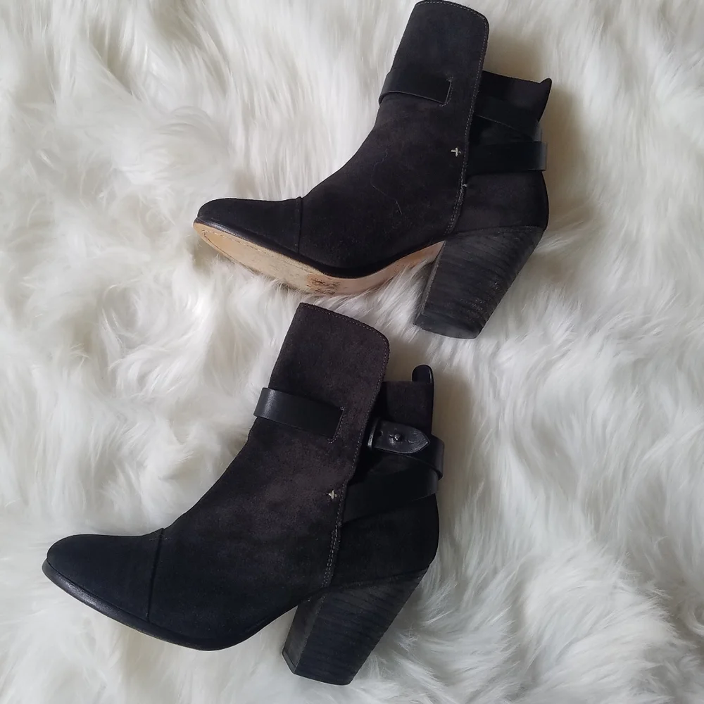 Rag & Bone Harrow Black Suede Leather Ankle Boots Chunky Stacked Heel sz38